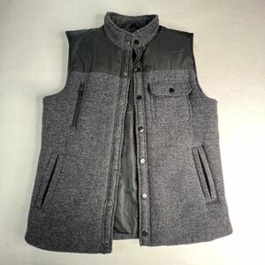 BKE Mens Medium Wool Blend Herringbone Puffer Vest Grey Black MockNeck Full Snap